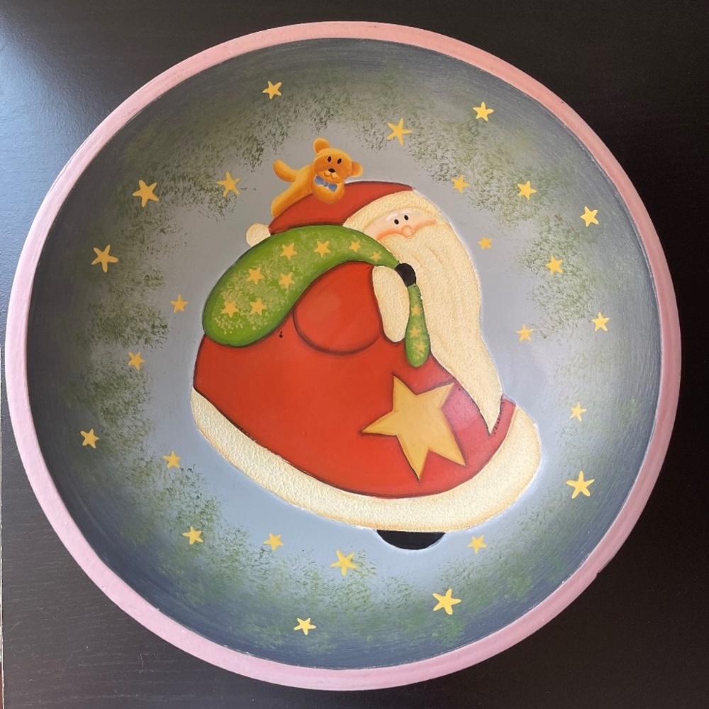 Wooden Hand Painted Santa Christmas Bowl 8 Inches Folk Art Stars Background